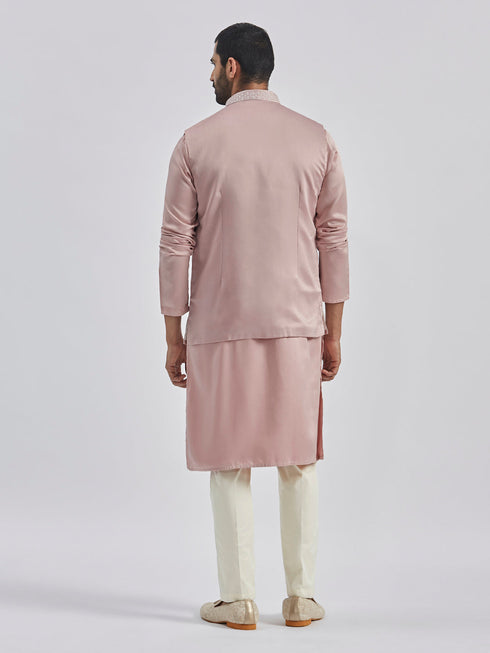 Men's Beige And Cream Silk Blend Jacket, Kurta And Pyjama Set